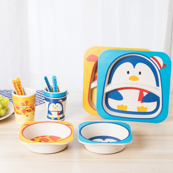 5pcs/set Children Baby Bamboo Fiber Tableware Baby Tableware Set Cartoon Animal Tableware Aet