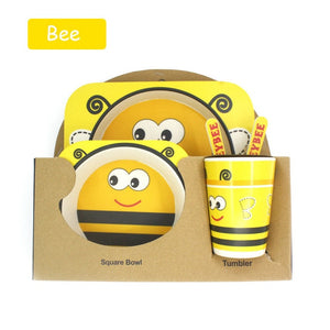 5pcs/set Children Baby Bamboo Fiber Tableware Baby Tableware Set Cartoon Animal Tableware Aet