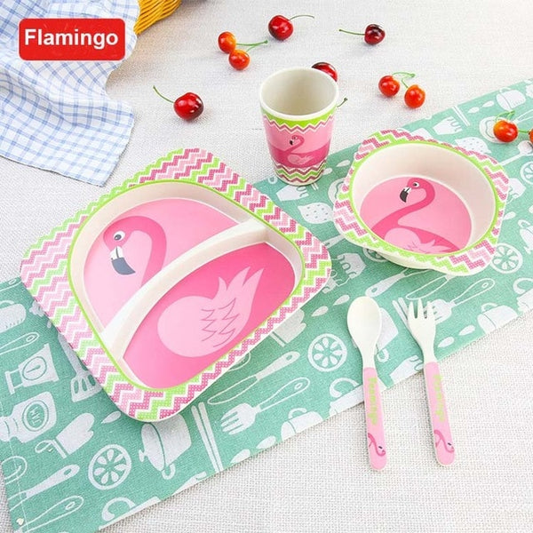 5pcs/set Children Baby Bamboo Fiber Tableware Baby Tableware Set Cartoon Animal Tableware Aet