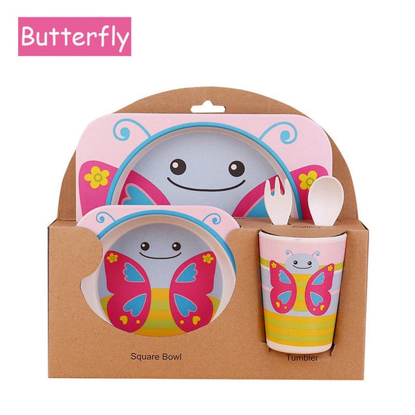 5pcs/set Children Baby Bamboo Fiber Tableware Baby Tableware Set Cartoon Animal Tableware Aet