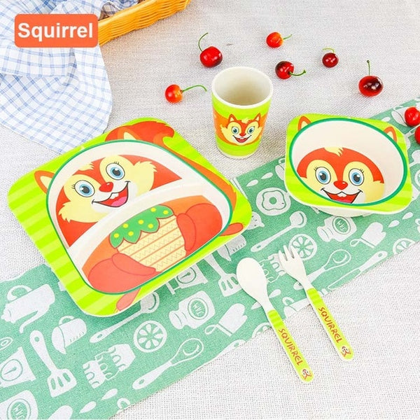 5pcs/set Children Baby Bamboo Fiber Tableware Baby Tableware Set Cartoon Animal Tableware Aet