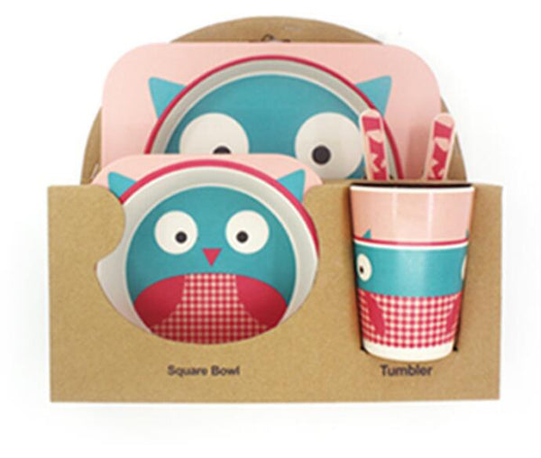 5pcs/set Children Baby Bamboo Fiber Tableware Baby Tableware Set Cartoon Animal Tableware Aet